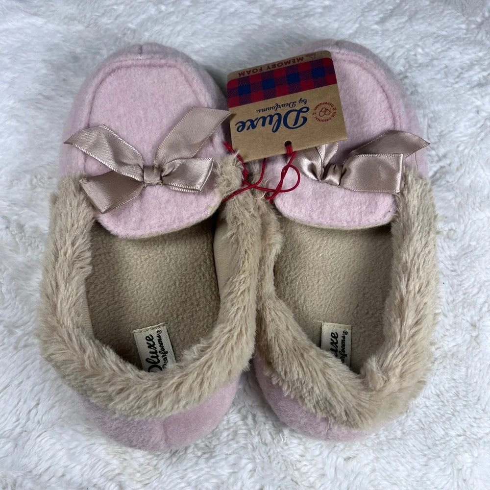 DLUXE by Dearfoams Pink‎ Memory Foam Slippers Bow Plush Fur Lined Girls NWT